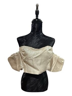 Forever 21 Cream Off-Shoulder Satin Crop Top with Puff Sleeves